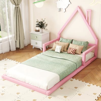 DESMIU Kinderbed 90x200cm – Huisvormig Kinderbed Met Lattenbodem – Speelse Slaapplek Voor Kinderkamer – Massief Grenenhout En MDF – Roze – Zonder matras