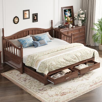 DESMIU Uitrekbare Slaapbank 90x190cm Zonder Matras – Multifunctioneel Bed met Uittrekbed en 2 Lades – Voor Logeerkamer, Studio of Woonkamer – Grenenhout – Walnoot