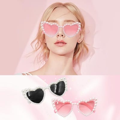Hart Zonnebril - Feest Accessoire - Zomerfeest - Decoratieve Parels - 15.5 cm - Roze Magenta