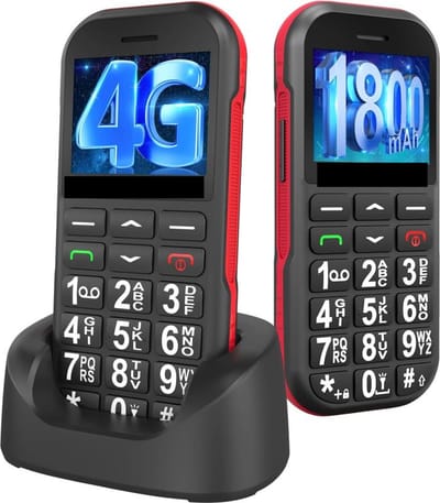 Yarvu ® Butler 190 - Senioren Mobiele Telefoon - 4G - Grote Toetsen - Met Oplaadstation - Big button GSM - Zwart Rood