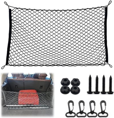 SnelShoppen - 110 x 60 cm Auto Bagagenet, Elastisch Trunk Net voor Auto's, SUV's, Trucks - Zwart Nylon, Inclusief Haken en Bevestigingsmateriaal