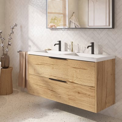 Saqu Lima badmeubel incl. dubbele glans witte wastafel 120x51x64cm eiken marcato – mat zwarte greep