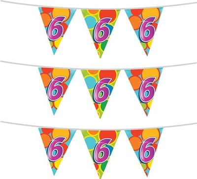 Haza Vlaggenlijn 6 jaar - 3x stuks - 10 meter - plastic - 6e verjaardag versiering - leeftijd slinger