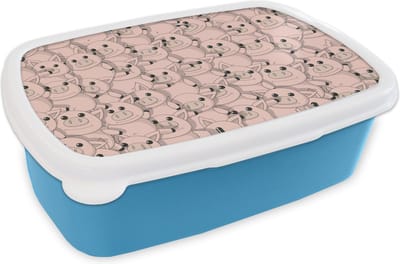 Broodtrommel Blauw - Lunchbox - Brooddoos - Varkens - Dieren - Roze - Patroon - 18x12x6 cm - Kinderen - Jongen