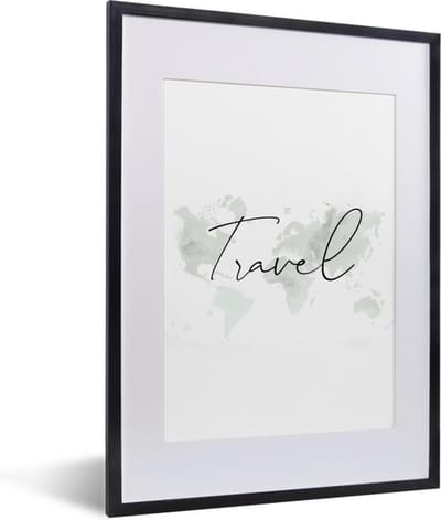 Poster in lijst - Fotolijst 30x40 cm - Posters - Wereldkaart - Waterverf - Minimalisme - Posterlijst zwart - Decoratie - Wanddecoratie woonkamer - Muurdecoratie slaapkamer