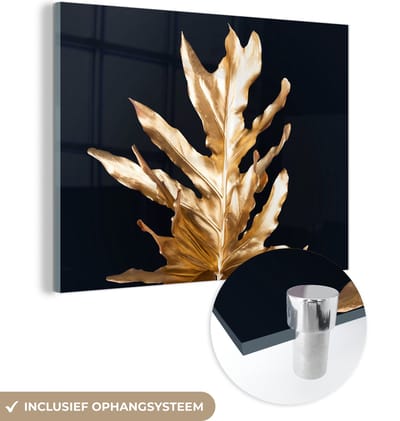 MuchoWow® Glasschilderij 160x120 cm - Schilderij acrylglas - Bladeren - Goud - Herfst - Natuur - Luxe - Foto op glas - Schilderijen