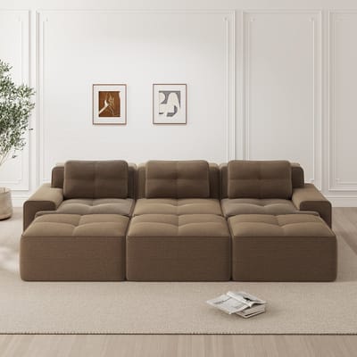 MODFU Modulaire Hoekbank - Slaapfunctie En Diepe Zitting - Minimalistisch - Voor Woonkamer - Ribstof - Bruin