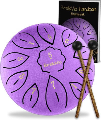 BrellaVio Handpan met Lesboek - Let op: afmeting 16cm ø - Paars - Healing Steel Tongue Drum - Hand Klankschaal - Hang Drum - Lotus Tong Muziektherapie