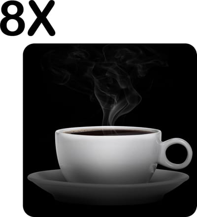 Luxe Placemat - Kopje Koffie met Zwarte Achtergrond - Set van 8 Placemats - 50x50 cm - 2 mm dik Vinyl - Anti Slip - Afneembaar