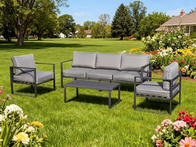 Aluminium Tuin Loungeset MOSTRARE Grijs | 3-zitsbank, 2 Fauteuils en Salontafel | Grijze Kussens