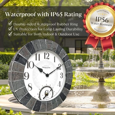 Verlichte Wandklok - Buitenklok Thermometer - Tuin Terras - Slimme Nachtsensor - 35 cm Rond - Faux Leisteen