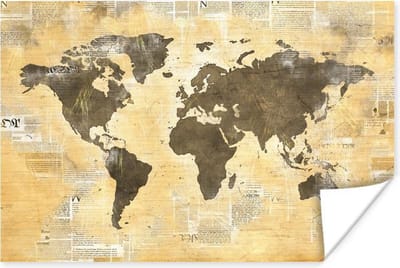 Poster 30x20 cm - Wereldkaart - Krant - Gouden - Posters - Kamer decoratie - Wanddecoratie woonkamer - Muurdecoratie slaapkamer