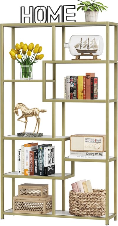 TRIBESIGNS Boekenkast - Boekenrek - Modern - 8 Lagen - Hout/Metaal - 100 x 30 x 180cm - Wit Goud