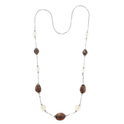 Behave Lange ketting - Zilver kleur met bruine kralen 110 cm