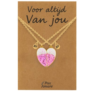 Koppel Ketting voor 2 'Voor altijd van jou' - Roze Glitter Hartje - Vriendschapsketting op Cadeau Kaartje - 45cm + 5cm verstelbaar - Goudkleurig - Persoonlijke Hanger - Pax Amare