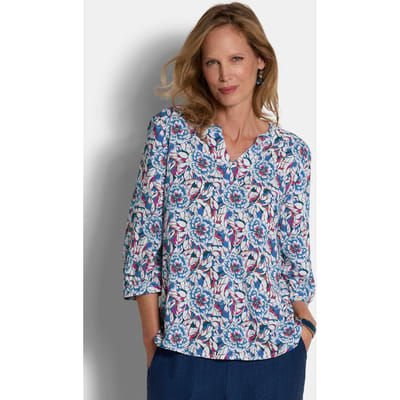 Blouse van viscose, met bloemenmotief - blauw / gedess. - Gr. 20 van Goldner Fashion
