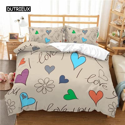 Liefde Hart Dekbedovertrek Set Cartoon Leuk Kleurrijk Harten Dekbedovertrek Twijfelaar Romantische Stijl Ik Hou Van Jou Polyester Beddengoed Set voor Tiener EU single(135x200cm)