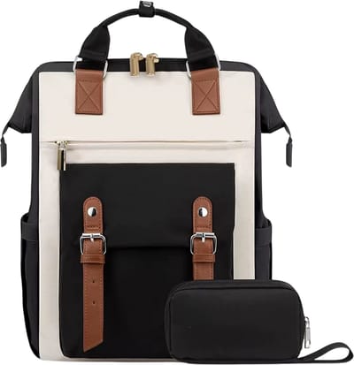 Dames Laptop Rugzak - Laptoptas Dames voor Werk en Reizen – Zakelijke Computer Rugtas met Laptopvak – Geschikt voor 15,6 Inch – Werktas, Reistas en Schoolrugzak voor Dagelijks Gebruik - Zwart en beige