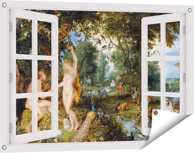 Gards Tuinposter Doorkijk Het Aardse Paradijs met de Zondeval van Adam en Eva - Jan Brueghel - 90x60 cm - Tuindoek - Tuindecoratie - Wanddecoratie buiten - Tuinschilderij