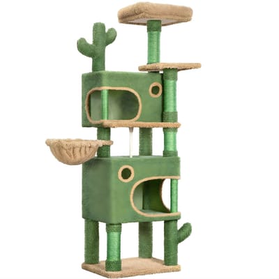 Kattenboom – Voor Katten – 165 cm Cactus Kattenboom met 6 Krabpalen, 2 Platforms, 2 Holletjes, Mand en Sisal Touw – Groen/Bruin