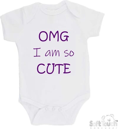 100% katoenen Romper "OMG I am so CUTE" Meisjes Katoen Wit/paars Maat 56/62