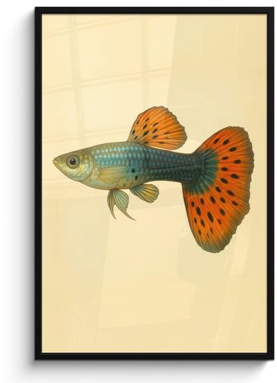 Poster in lijst - Fotolijst 80x120 cm - Posters - Vis - illustratie - Stippen - Oranje - Posterlijst zwart - Decoratie - Wanddecoratie woonkamer - Muurdecoratie slaapkamer