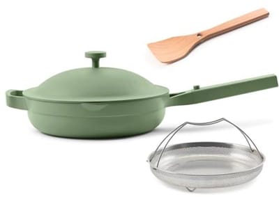 Keramische Koekenpan 25,5 cm - Antiaanbaklaag, Roestvrijstalen Handvat, Ovenbestendig - Salie