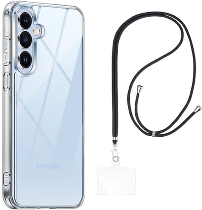 Set met hoesje en nekband voor Samsung Galaxy s24 fe - Flexibele, transparante TPU-bescherming, verstelbare universele nekband voor mobiele telefoons, zwarte nekband, transparante draagriem van Phonillico®