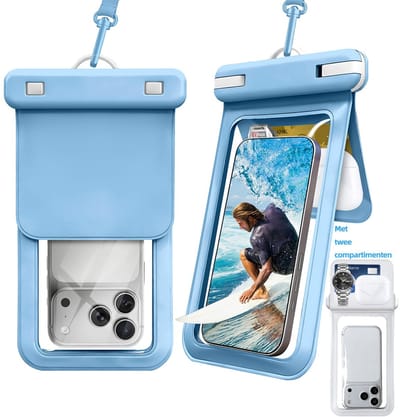 Universeel waterdicht telefoonhoesje met twee compartimenten - IPX8 Waterdicht Zakje - Telefoons tot 7.2 inch – Onderwater Hoesje Telefoon - Waterbestendig tot een diepte van 30 meter - blauw