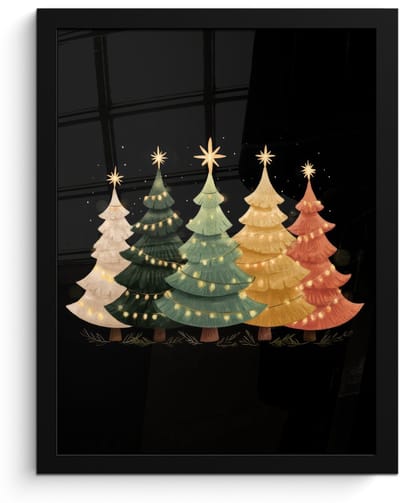 Poster in lijst - Fotolijst 30x40 cm - Posters - Kerstbomen - Kleurrijk - Lichtjes - Ster - Posterlijst zwart - Decoratie - Wanddecoratie woonkamer - Muurdecoratie slaapkamer - Kerstversiering - Kerstdecoratie voor binnen - Kerstmis