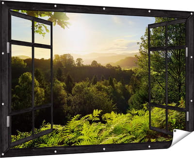 Gards Tuinposter Doorkijk Zonsondergang vanuit een Bos - 180x120 cm - Tuindoek - Tuindecoratie - Wanddecoratie buiten - Tuinschilderij