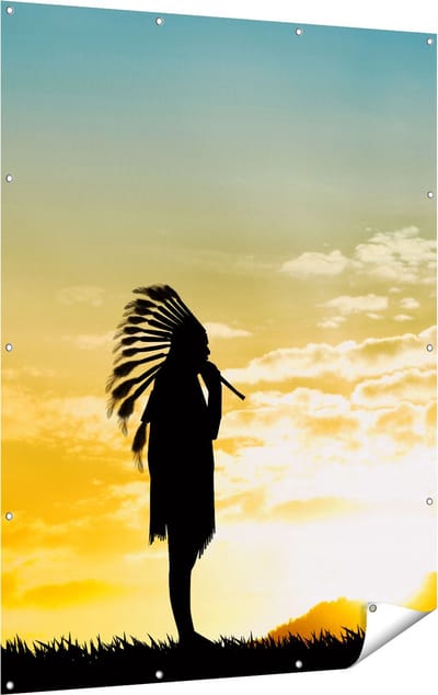 Gards Tuinposter Twee Silhouetten van Indianen bij Zonsondergang - 120x160 cm - Tuindoek - Tuindecoratie - Wanddecoratie buiten - Tuinschilderij