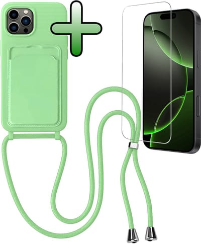 Hoes Geschikt voor iPhone 16 Pro Hoesje Pas Houder Case Hoes Met Koord Met Screenprotector - Hoesje Geschikt voor iPhone 16 Pro Hoes Met Telefoonkoord Pasjeshouder Cover - Groen