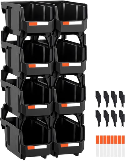Stapelbare Plastic Opslagbakken, 27.7 x 14 x 13 cm (8 Stuks), Duurzame Containers voor Het Organiseren Van Kleedkamers, Garages, Kleine Artikelen, Kantoorbenodigdheden en Accessoires, Zwart