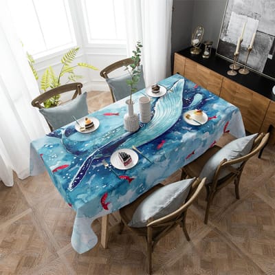 Tafelkleed met blauwe waterverfwalvis, waterdicht, rechthoekig, geschikt als feestdecoratie, voor bruiloften en als tafelkleed. Diameter 153cm