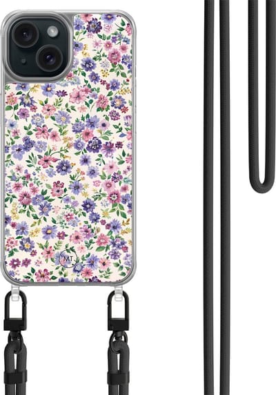 Hoesje met koord geschikt voor iPhone 15 - Paarse bloemen - Inclusief zwart koord - Crossbody beschermhoes - Transparant, Paars - Mooie Telefoonhoesjes