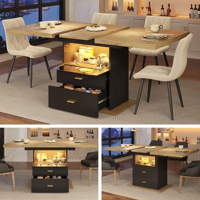 Uitschuifbare eettafel 110-140 x 80 x 75 cm - voor eetkamer - keuken of terras - met LED-verlichting - voor 6 personen - houtnerfblad