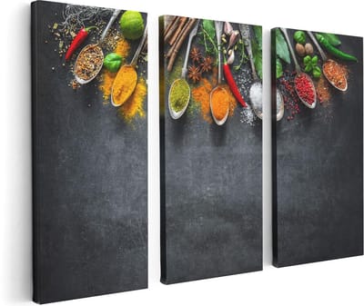 Artaza Canvas Schilderij Drieluik Kruiden En Specerijen Op Een Zwarte Plaat - 120x80 - Foto Op Canvas - Canvas Print