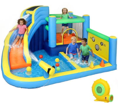 ECTEATOY® Opblaasbaar Waterpark 8-in-1 met 550W Blower - Springkasteel met Waterglijbaan, Klimwand & Zwembad - Voor Kinderen Buiten