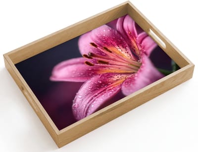 Dienblad hout 40x30 cm - Schootdienblad - Roze - lelie - Dauwdruppels - Borrelplank rechthoek - Plateau dienbladen