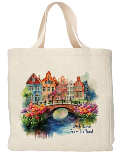 Shopper - Totebag - Boodschappentas | Huisjes - With Love from Holland | Duurzaam - Linnenlook - 48x38cm