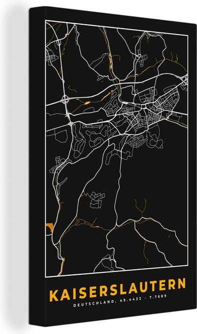 Canvas Schilderij Kaiserslautern - Black and Gold - Stadskaart - Plattegrond - Kaart - Duitsland - 20x30 cm - Wanddecoratie