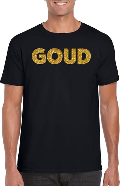 Bellatio Decorations Feest t-shirt voor heren - goud - glitter tekst - foute party - carnaval - zwart S
