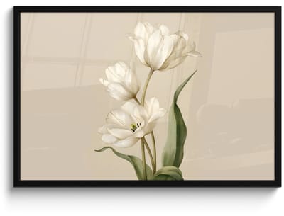 Poster in lijst - Fotolijst 90x60 cm - Posters - Tulpen - Wit - Bladeren - Posterlijst zwart - Decoratie - Wanddecoratie woonkamer - Muurdecoratie slaapkamer