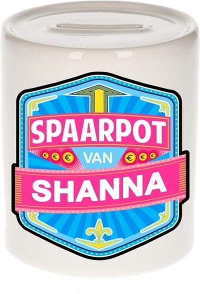 Bellatio Decorations Kinder spaarpot met naam - Shanna - keramiek - met dop - wit - Sparen - Spaargeld van Shanna
