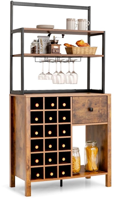 Keukenkast, 160 cm, buffetkast met wijnrek en lade, 4 niveaus, keukenbuffet met wijnglashouder, huisbar, wijnrek, vrijstaand, industrieel