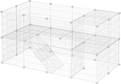 Uitloophok voor kleine dieren, 2 verdiepingen, konijnenhok, hamster, konijnen, cavia's, metalen rooster, voor binnen, 143 x 73 x 71 cm, wit