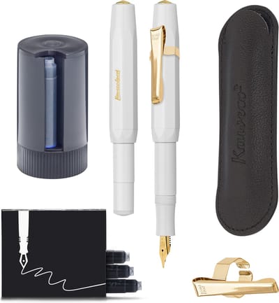 Kaweco - Cadeauset - 5delig - Vulpen Extra Fine (EF) - Sport Classic Wit - 8 Shape Clip Gold - etui Leer Zwart - Twister patronen - Doosje vullingen