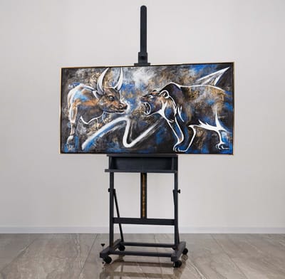 Canvas schilderij 100x50 cm handgeschilderd beurs financieel abstract – YS-Art Gallery – Dynamische wanddecoratie voor woonkamer – Modern schilderij voor kantoor en hal
