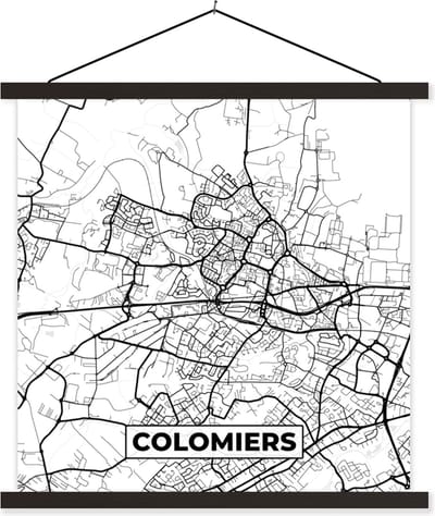 Posterhanger incl. Poster 60x60 cm - Schoolplaat - Colomiers - Stadskaart - Plattegrond - Kaart - Frankrijk - Zwart wit - Textielposter - Zwarte latten - Stadskaart